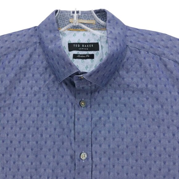 TED BAKER Blue Chambray Long Sleeve Button Down Shirt Iridescent Size M/L - Picture 1 of 10